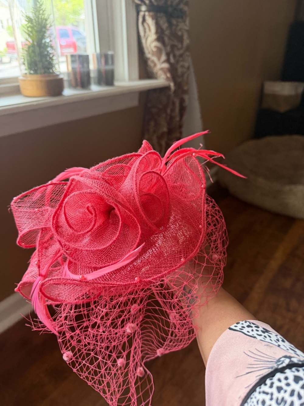 Pink Floral Fascinator Veiled Hair Clip - Women Accessories
